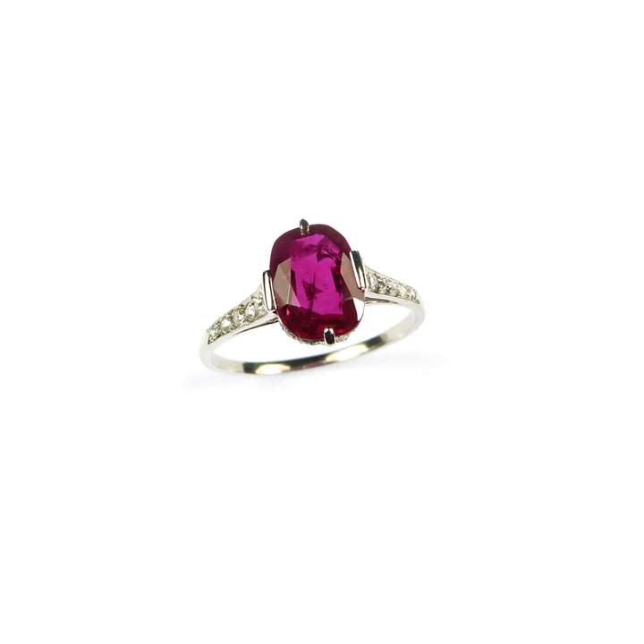 Art Deco single stone Burma ruby and diamond ring, set with a cushion cut 2.35ct ruby